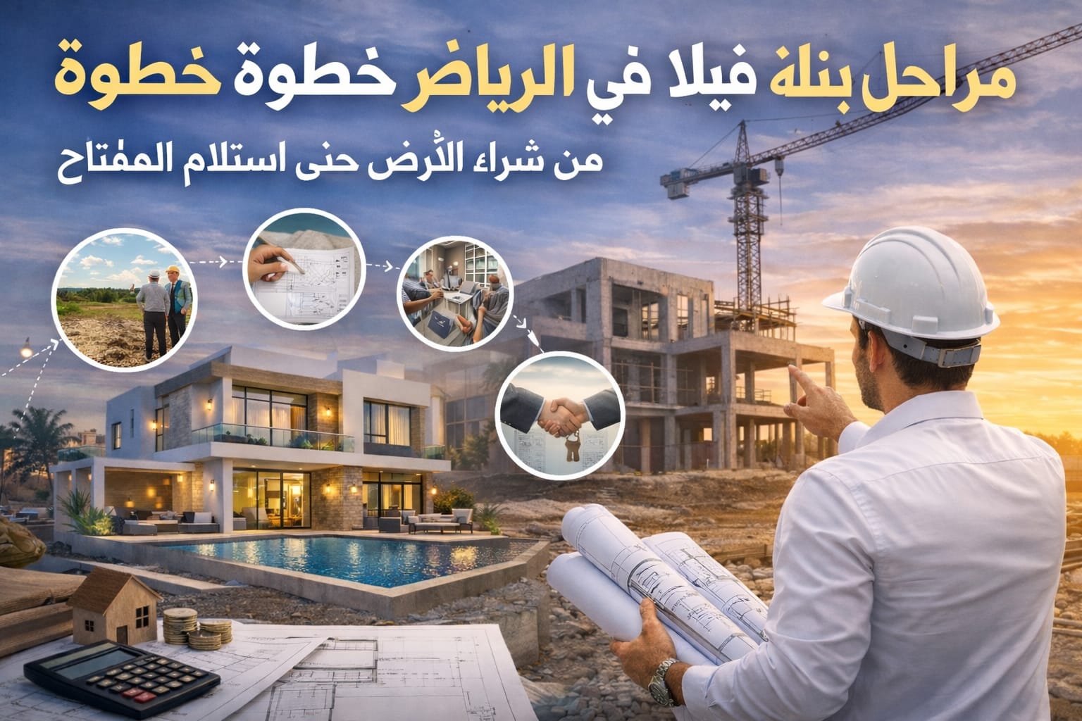 مراحل بناء فيلا في الرياض خطوة بخطوة: من شراء الأرض حتى استلام المفتاح